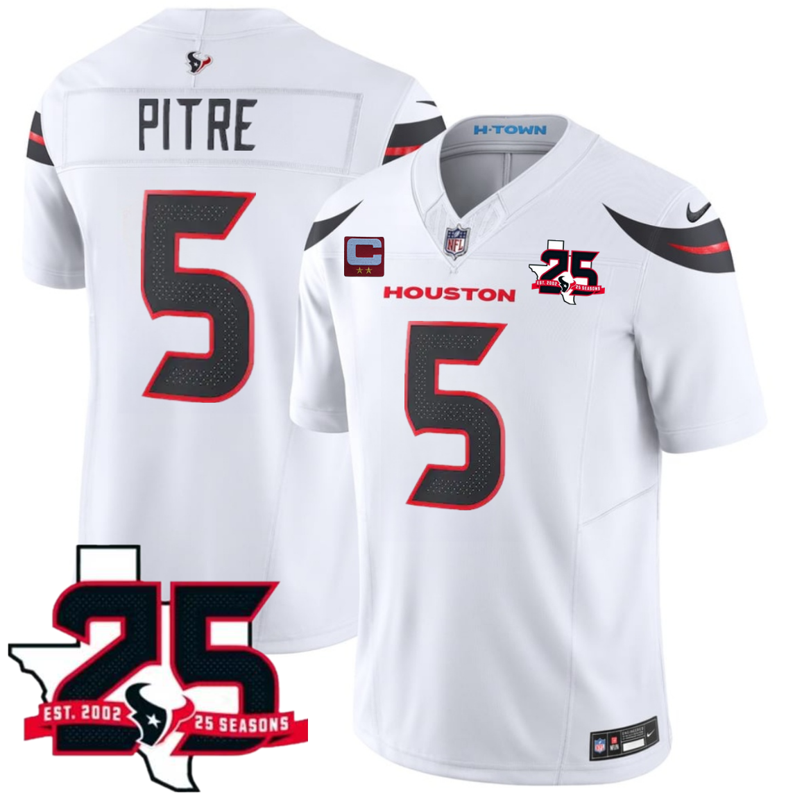 Men's White Houston Texans #5 Jalen Pitre 2026 With 25th Anniversary Patch And 2-Star C Patch F.U.S.E. Vapor Limited Stitched Football Jersey